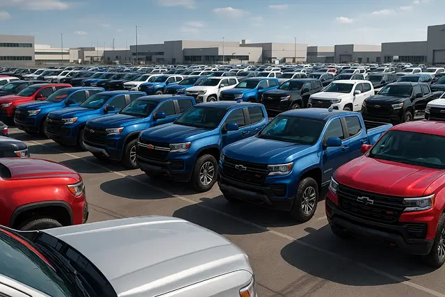 Many Chevrolet vehicles in a lot
